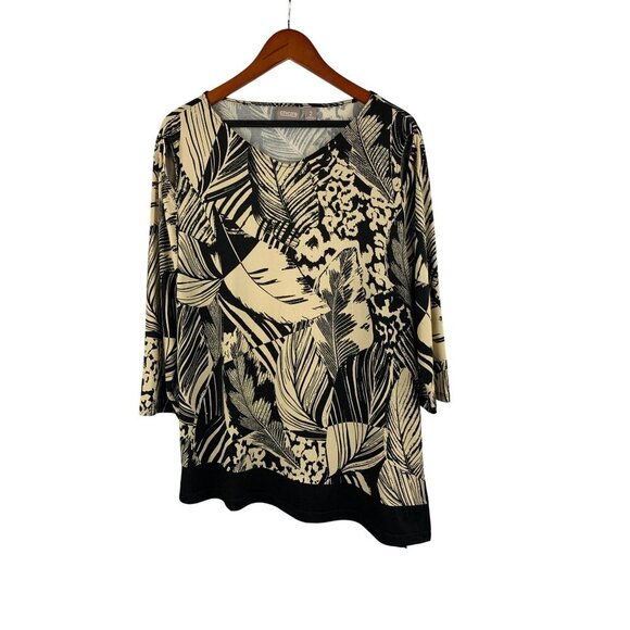 Chicos Womens Size 2 Black & Cream V-Neck Top With Leaf & Animal Print - Picture 1 of 5